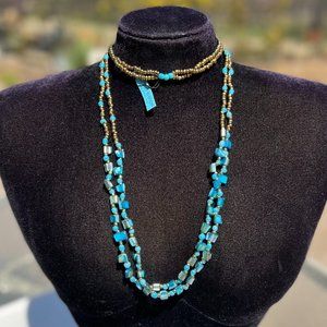 Shell & Bead Necklace Multi Strand Long Blue Layering Indonesia Ethnic Tribal
